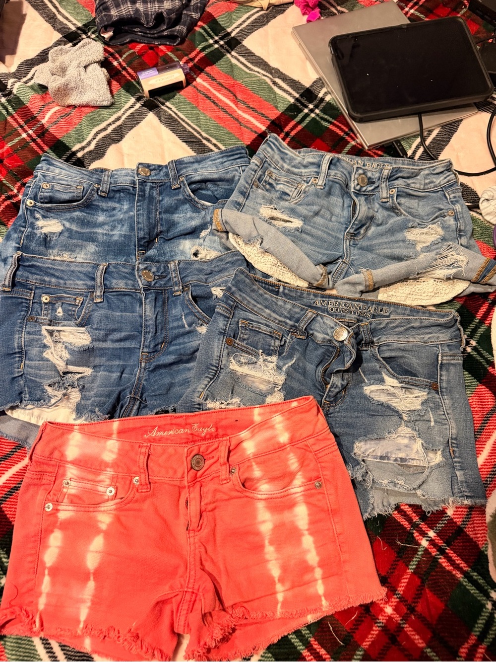 American Eagle Outfitters Coral Tie-Dye and Distressed Blue Denim Shorts Bundle